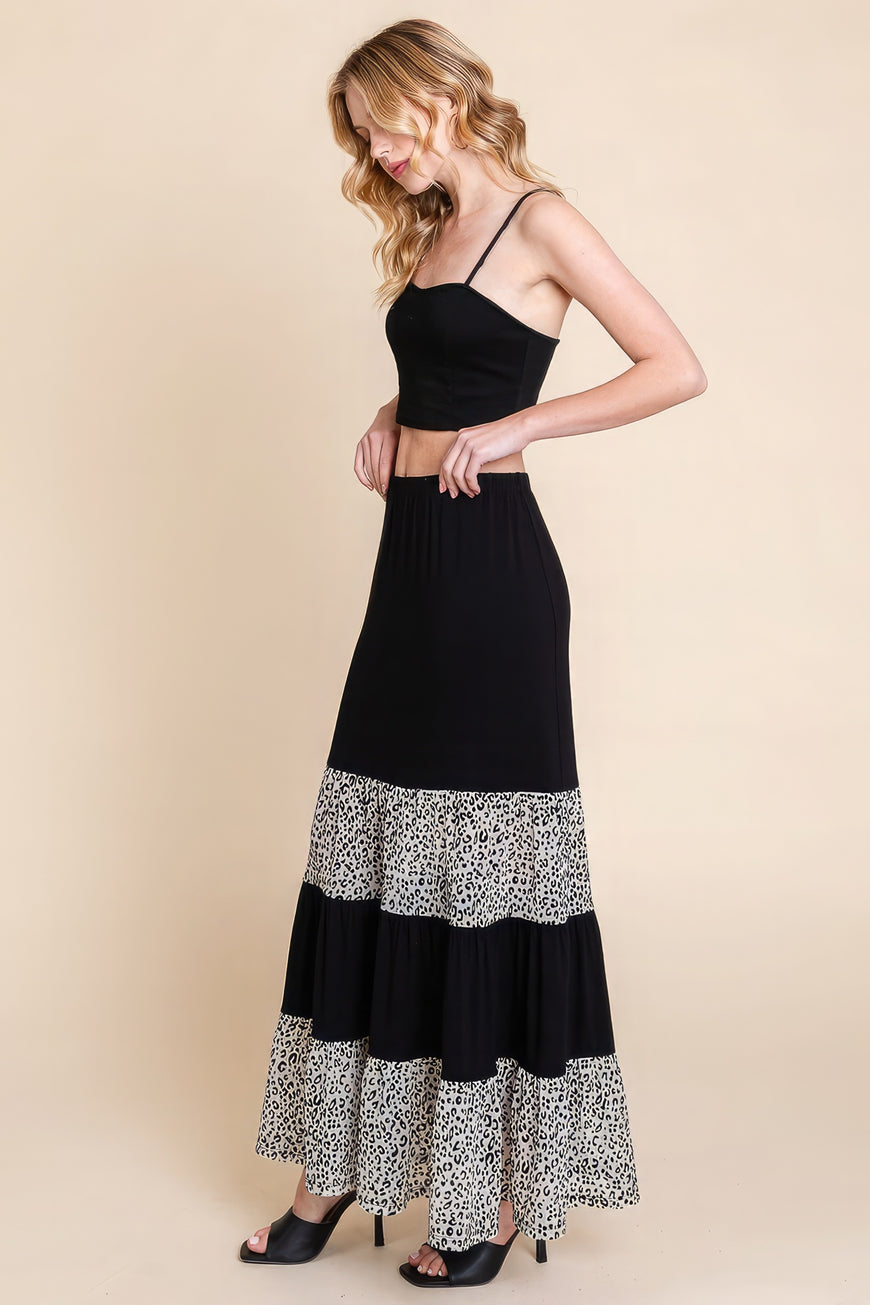 Long Tiered Contrast Fashion Skirt With Velvet Animal Print Mesh