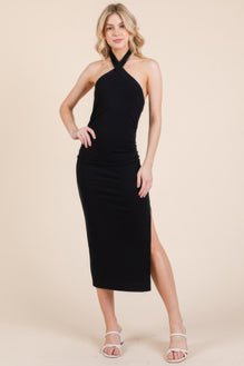 Halter Tied Criss-cross Midi Ribbed Dress