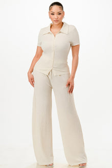 Textured Polo Top And Pants Set