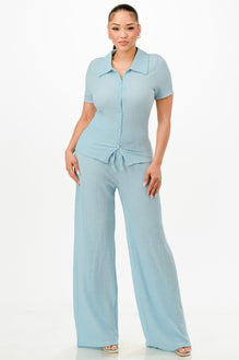 Textured Polo Top And Pants Set