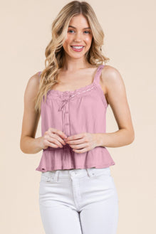 Lace Peplum Tie Front Ribbed Cami Top
