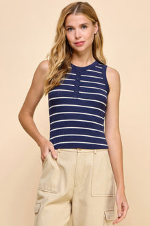 Button Detail Contrast Binding Stripe Tank Top