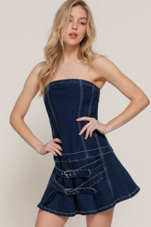 Strapless Stretch Denim Mini Pleats Dress