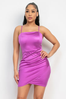 Overlapping Hem Shirred Satin Dress