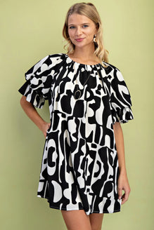 Geometric Print Loose Fit Mini Dress With Gathered Balloon Sleeves