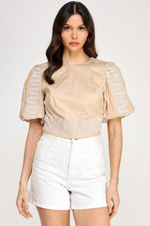 Puff Bubble Sleeve Top With Embroidery Detail