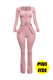 Plus Size Ribbed Pant Set With Slit Detail