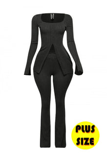 Plus Size Ribbed Pant Set With Slit Detail