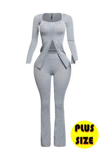 Plus Size Ribbed Pant Set With Slit Detail