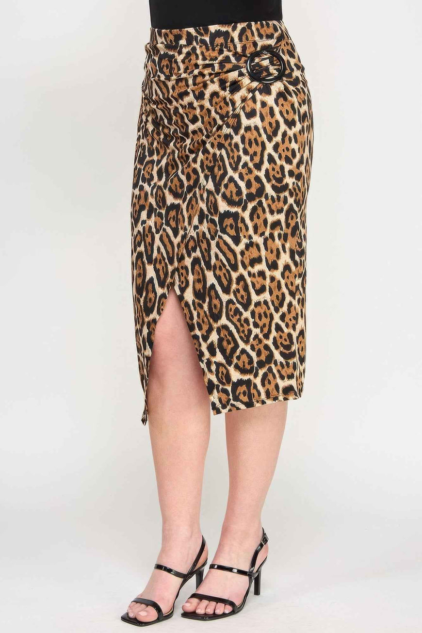 Plus Leopard Prt Asym Skirt W/ Buckle