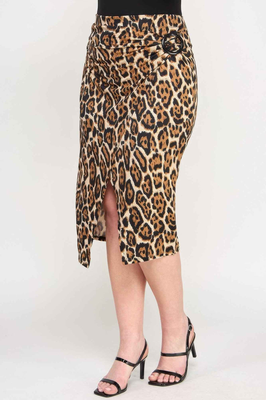 Plus Leopard Prt Asym Skirt W/ Buckle