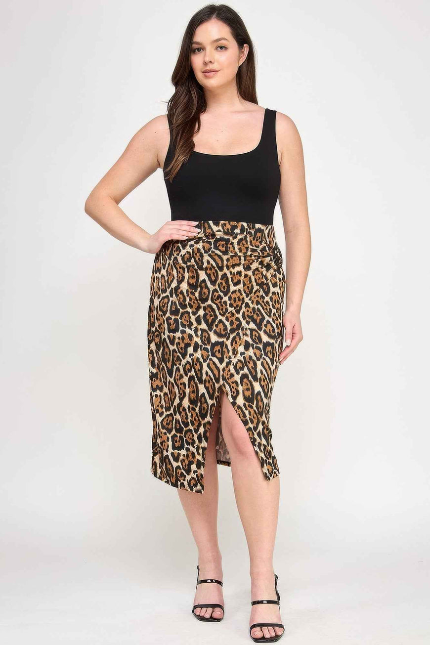 Plus Leopard Prt Asym Skirt W/ Buckle