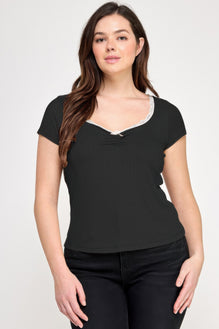Plus Size Short Sleeve Rib Bow Trim Top