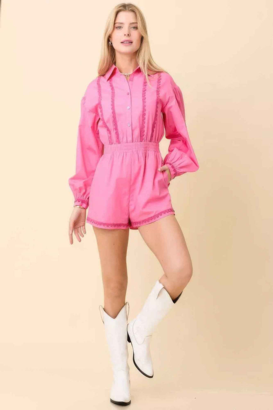 Long Sleeve Romper With Contrasting Scallop Lace