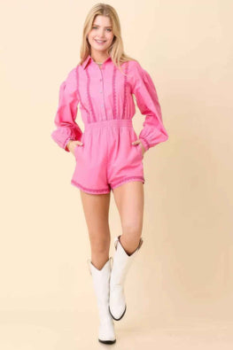 Long Sleeve Romper With Contrasting Scallop Lace