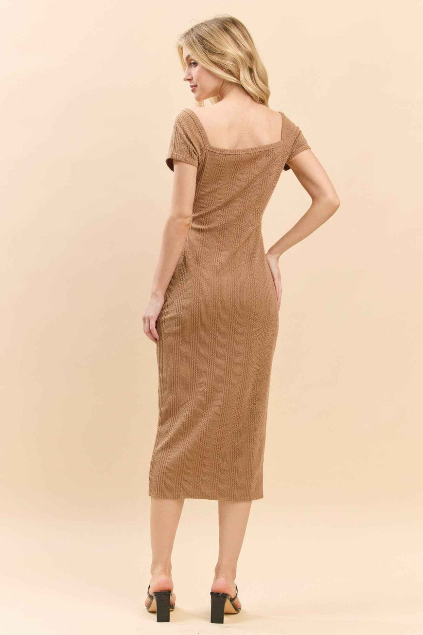 Sweet Heart Neck Bubble Rib Short Sleeve Dress