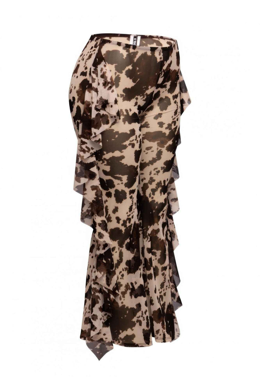 Side Ruffle Detailed Printed Mesh Pants