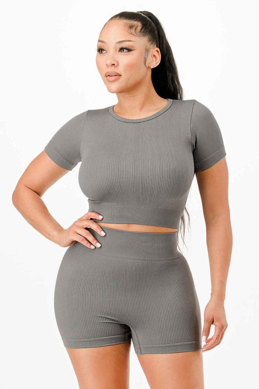 Ribbed Seamless T-shirt And Bike Shorts Set