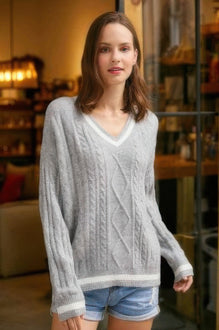 Braid Knit V Neck Sweater
