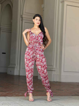 V Neck Sleeveless Paisley Jumpsuit With Tie Waist
