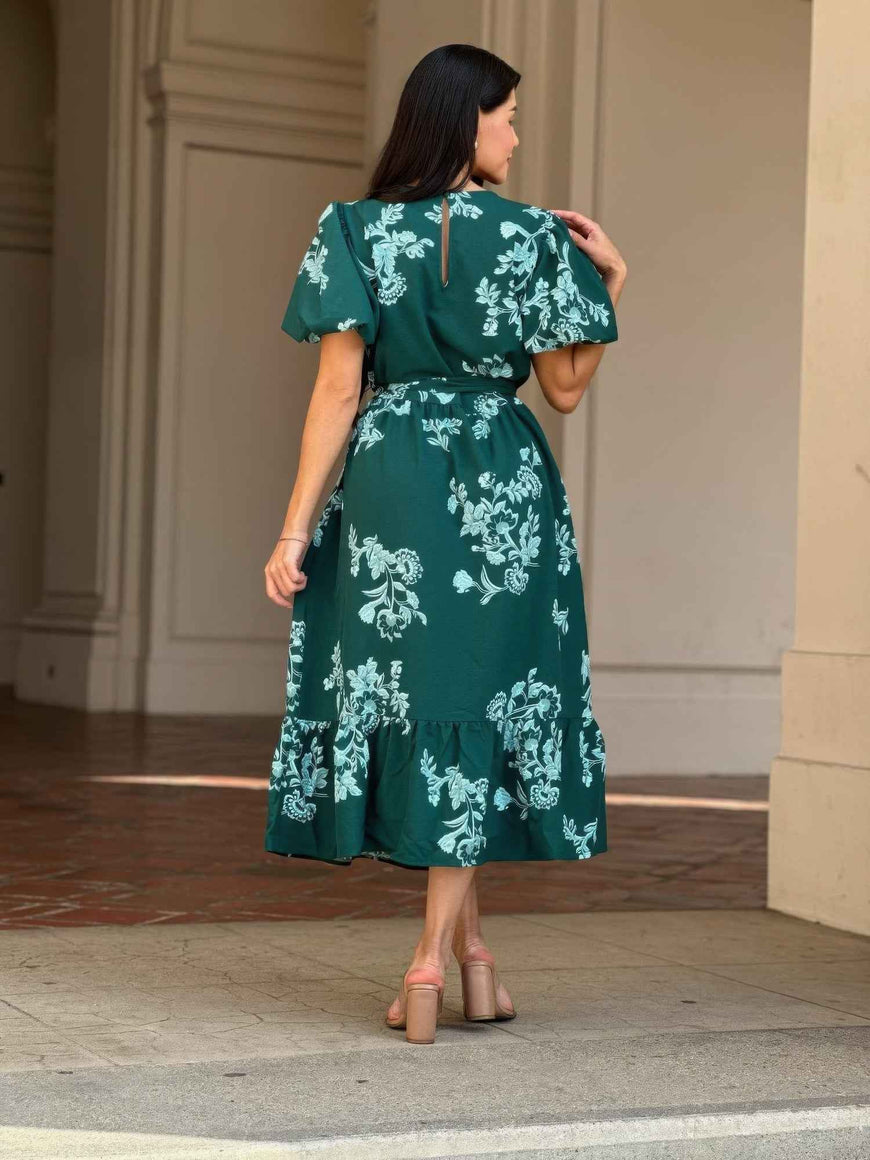 Belted Flare Floral Print Cap Sleeve Midi Dress