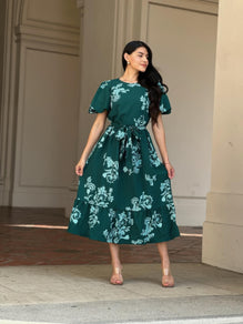 Belted Flare Floral Print Cap Sleeve Midi Dress