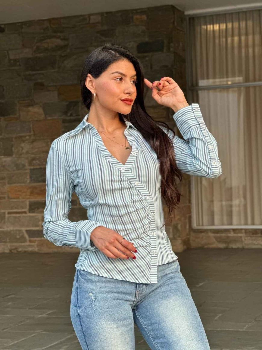 Stripe Asymmetric Button-down Detail Ls Blouse