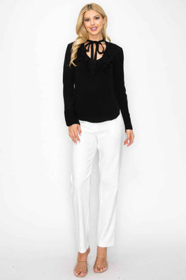 Ruffle Detail Front Tie V-neck Long Sleeve Blouse