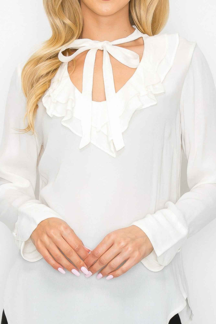 Ruffle Detail Front Tie V-neck Long Sleeve Blouse