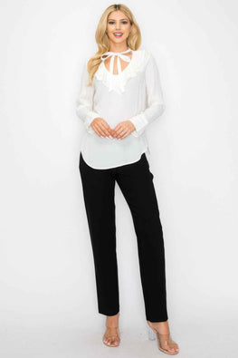 Ruffle Detail Front Tie V-neck Long Sleeve Blouse