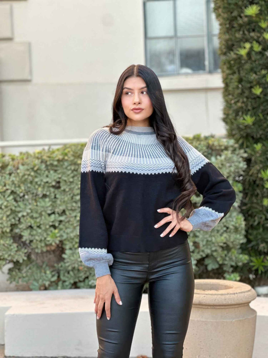 Neutral Color Block Knit Pull Out Sweater