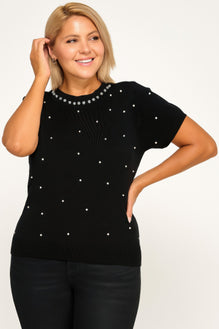 Plus Size Pearl & Rhinestone Knit Sweater Top