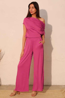 Washed Poly Silk Asymmetrical Drawstring Top