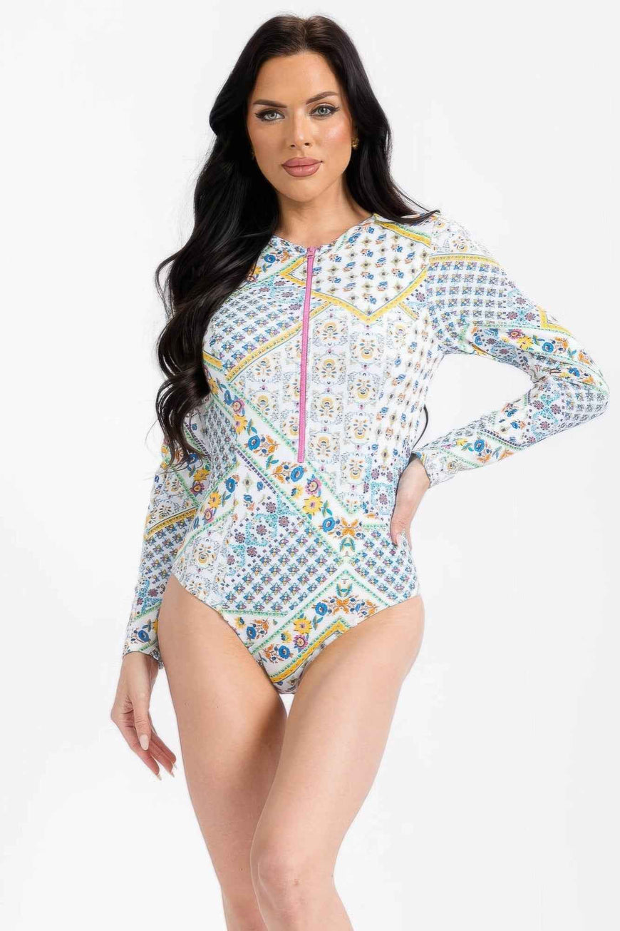 White Flower Print Long Sleeve Swimsuit