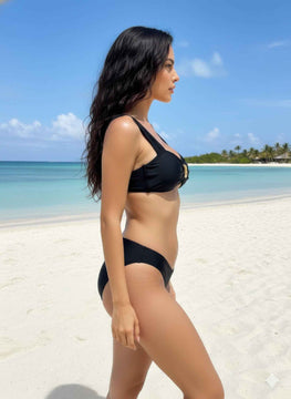 Black Bandeau Bikini Top With Gold Swirl Det