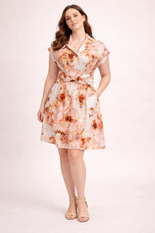 Plus Size Floral Waist Tie Shirt Dress