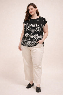 Plus Size Folk Floral Border Print Button-shoulder Top