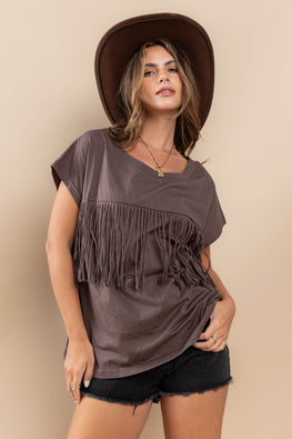 Ces Femme Fringe Detail Round Neck Short Sleeve Top - TopFashionHQ