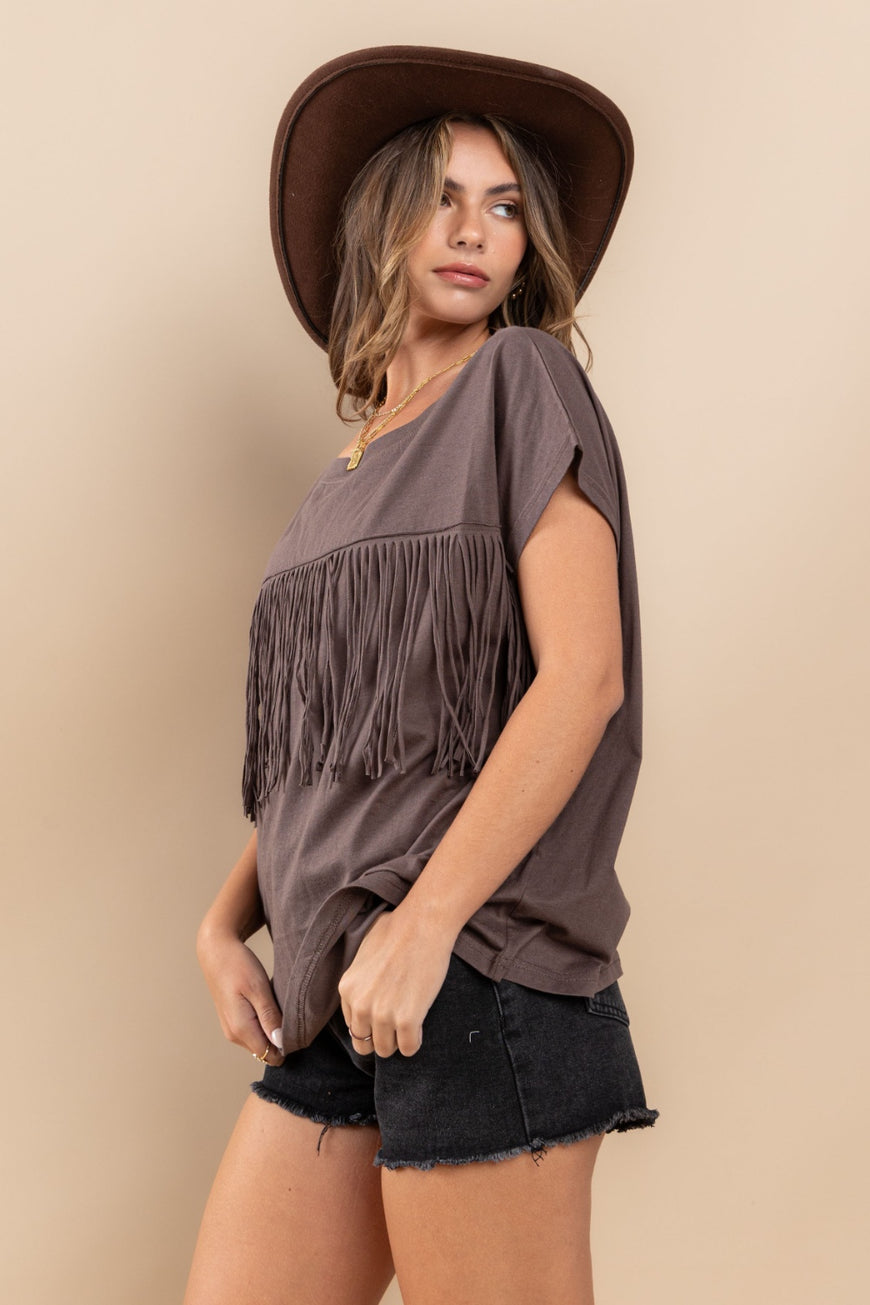 Ces Femme Fringe Detail Round Neck Short Sleeve Top - TopFashionHQ