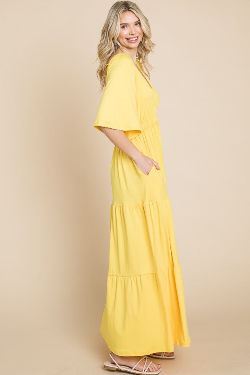 Culture Code Backless Plunge Half Sleeve Tiered Dress - TopFashionHQ