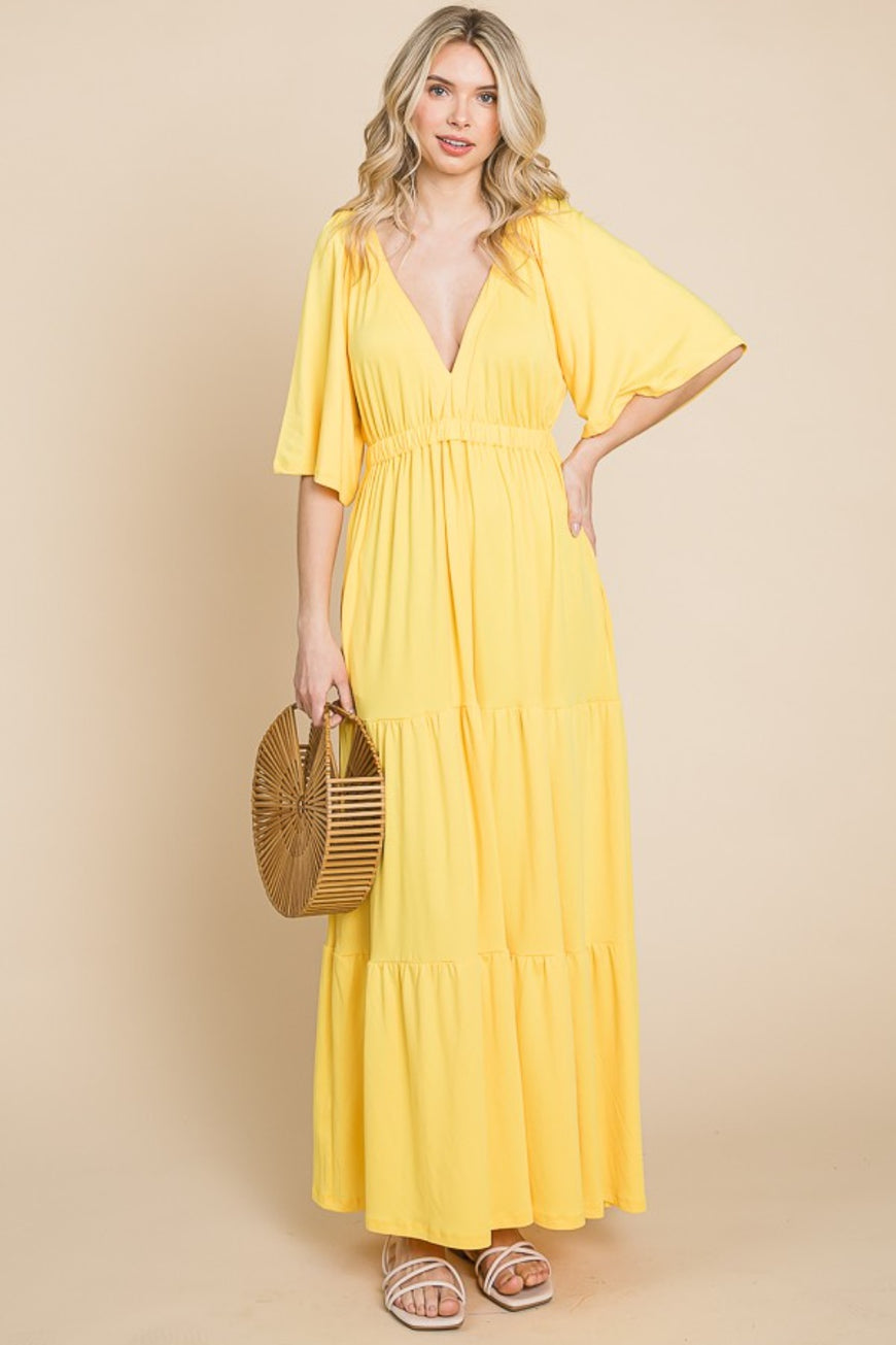 Culture Code Backless Plunge Half Sleeve Tiered Dress - TopFashionHQ