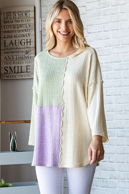 Culture Code Color Block Round Neck Dropped Shoulder Blouse - TopFashionHQ