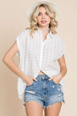 Culture Code Eyelet Crisscross Back Button Up Shirt - TopFashionHQ