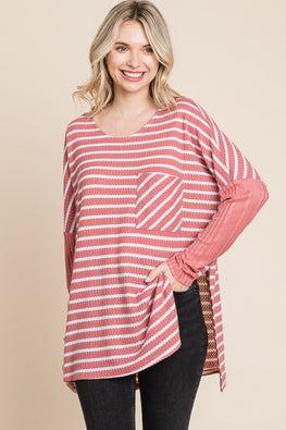 Culture Code Oversize Striped Round Neck Long Sleeve Slit T-Shirt - TopFashionHQ