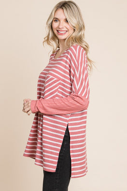 Culture Code Oversize Striped Round Neck Long Sleeve Slit T-Shirt - TopFashionHQ