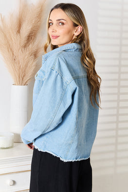 Double Take Dropped Shoulder Raw Hem Denim Jacket - TopFashionHQ