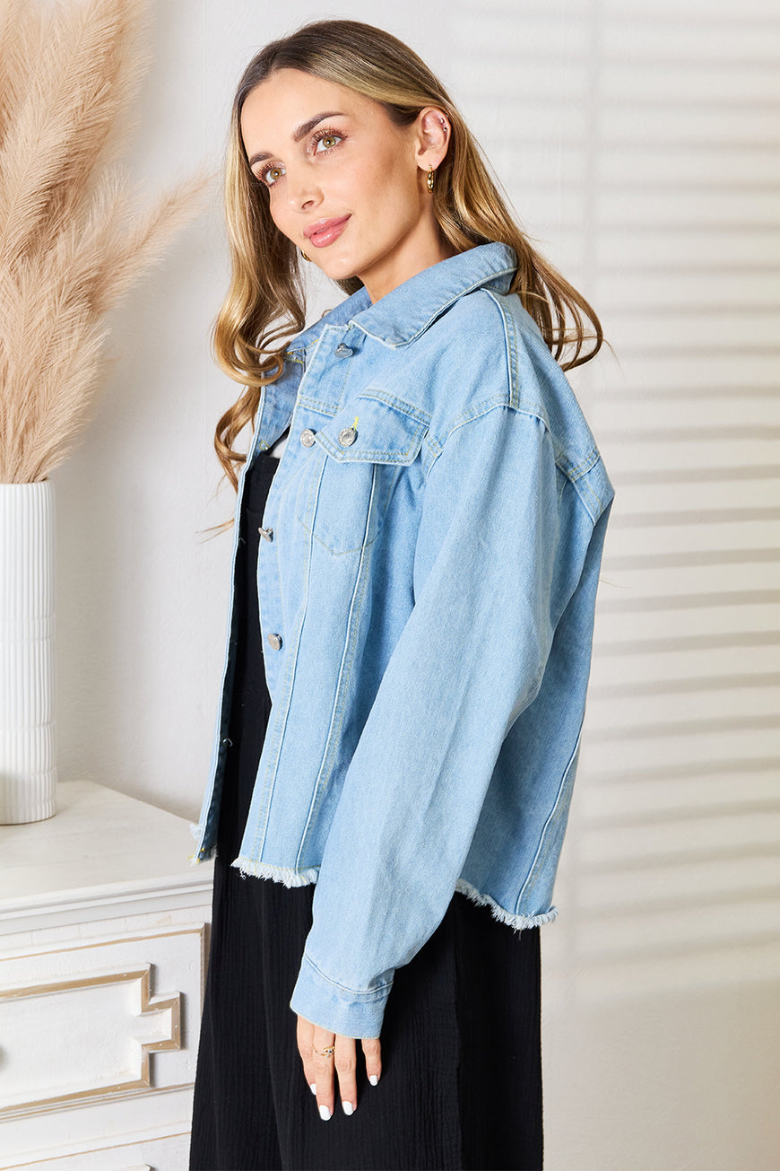 Double Take Dropped Shoulder Raw Hem Denim Jacket - TopFashionHQ