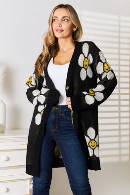 Double Take Floral Button Down Longline Cardigan - TopFashionHQ