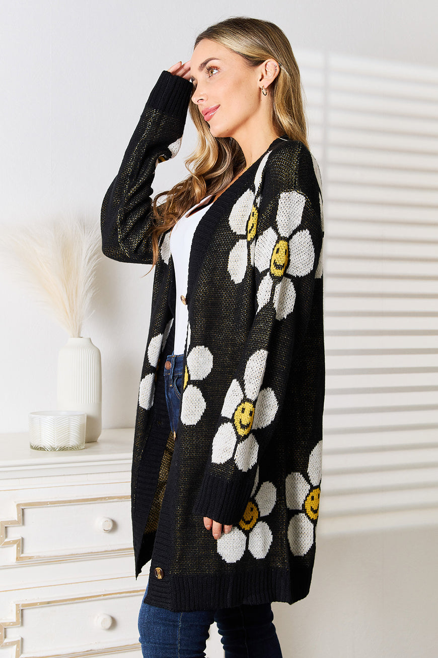 Double Take Floral Button Down Longline Cardigan - TopFashionHQ