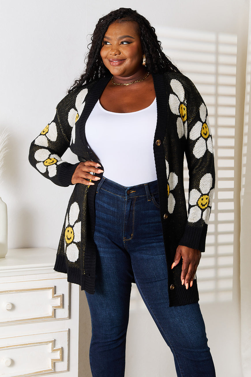 Double Take Floral Button Down Longline Cardigan - TopFashionHQ